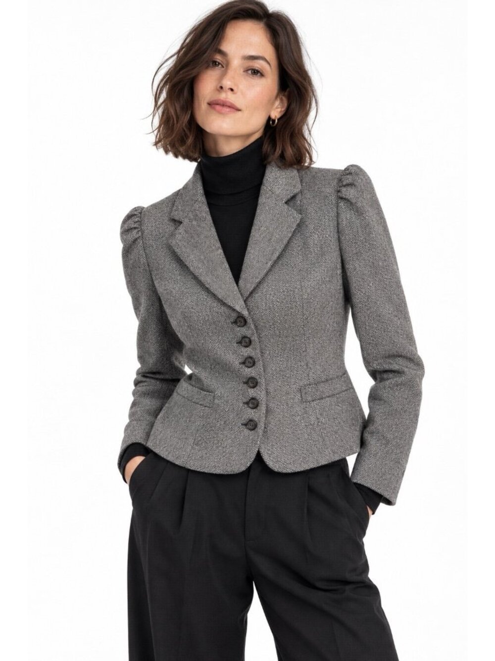 vintage 80s GRAY HERRINGBONE TWEED jacket blazer XS S wool dark academia retro